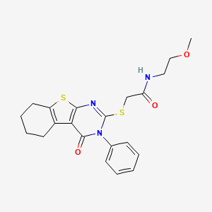 molecular formula C21H23N3O3S2 B2882318 N-(2-methoxyethyl)-2-({3-oxo-4-phenyl-8-thia-4,6-diazatricyclo[7.4.0.0^{2,7}]trideca-1(9),2(7),5-trien-5-yl}sulfanyl)acetamide CAS No. 315702-34-2