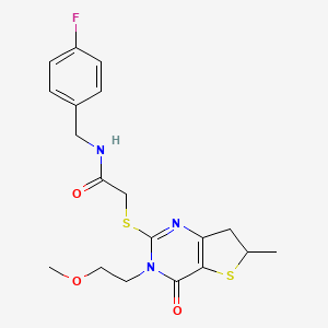 molecular formula C19H22FN3O3S2 B2882369 N-[(4-fluorophenyl)methyl]-2-{[3-(2-methoxyethyl)-6-methyl-4-oxo-3H,4H,6H,7H-thieno[3,2-d]pyrimidin-2-yl]sulfanyl}acetamide CAS No. 851410-35-0