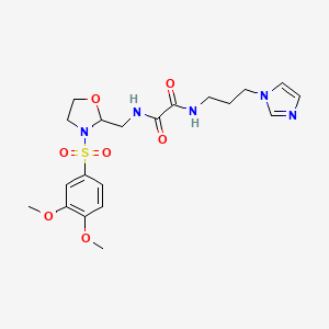 molecular formula C20H27N5O7S B2882513 N1-(3-(1H-imidazol-1-yl)propyl)-N2-((3-((3,4-dimethoxyphenyl)sulfonyl)oxazolidin-2-yl)methyl)oxalamide CAS No. 868983-26-0