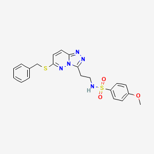 molecular formula C21H21N5O3S2 B2882745 N-{2-[6-(benzylsulfanyl)-[1,2,4]triazolo[4,3-b]pyridazin-3-yl]ethyl}-4-methoxybenzene-1-sulfonamide CAS No. 873002-06-3