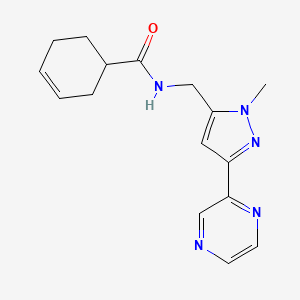 molecular formula C16H19N5O B2882757 N-((1-methyl-3-(pyrazin-2-yl)-1H-pyrazol-5-yl)methyl)cyclohex-3-enecarboxamide CAS No. 2034373-73-2