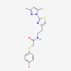 molecular formula C18H19FN4OS2 B2882853 N-(2-(2-(3,5-dimethyl-1H-pyrazol-1-yl)thiazol-4-yl)ethyl)-2-((4-fluorophenyl)thio)acetamide CAS No. 1421492-23-0