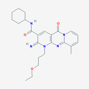 molecular formula C24H31N5O3 B2882886 N-cyclohexyl-7-(3-ethoxypropyl)-6-imino-11-methyl-2-oxo-1,7,9-triazatricyclo[8.4.0.0^{3,8}]tetradeca-3(8),4,9,11,13-pentaene-5-carboxamide CAS No. 797814-85-8