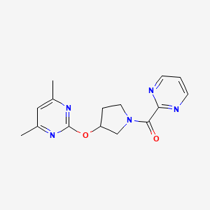 molecular formula C15H17N5O2 B2882958 4,6-dimethyl-2-{[1-(pyrimidine-2-carbonyl)pyrrolidin-3-yl]oxy}pyrimidine CAS No. 2034499-32-4