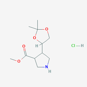molecular formula C11H20ClNO4 B2882978 Methyl 4-(2,2-dimethyl-1,3-dioxolan-4-yl)pyrrolidine-3-carboxylate;hydrochloride CAS No. 2344685-99-8