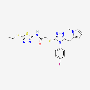 molecular formula C20H20FN7OS3 B2883156 N-[5-(ethylsulfanyl)-1,3,4-thiadiazol-2-yl]-2-{[4-(4-fluorophenyl)-5-[(1-methyl-1H-pyrrol-2-yl)methyl]-4H-1,2,4-triazol-3-yl]sulfanyl}acetamide CAS No. 847394-22-3