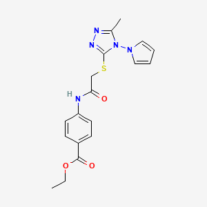 molecular formula C18H19N5O3S B2883226 ethyl 4-(2-{[5-methyl-4-(1H-pyrrol-1-yl)-4H-1,2,4-triazol-3-yl]sulfanyl}acetamido)benzoate CAS No. 896290-94-1