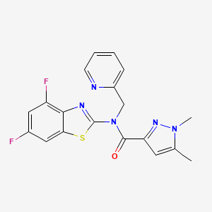 molecular formula C19H15F2N5OS B2883244 N-(4,6-difluoro-1,3-benzothiazol-2-yl)-1,5-dimethyl-N-[(pyridin-2-yl)methyl]-1H-pyrazole-3-carboxamide CAS No. 1013771-64-6
