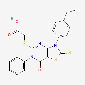 molecular formula C22H19N3O3S3 B2883305 2-{[3-(4-ethylphenyl)-6-(2-methylphenyl)-7-oxo-2-sulfanylidene-2H,3H,6H,7H-[1,3]thiazolo[4,5-d]pyrimidin-5-yl]sulfanyl}acetic acid CAS No. 422299-68-1