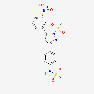 molecular formula C18H20N4O6S2 B2883331 N-(4-(1-(methylsulfonyl)-5-(3-nitrophenyl)-4,5-dihydro-1H-pyrazol-3-yl)phenyl)ethanesulfonamide CAS No. 851781-61-8