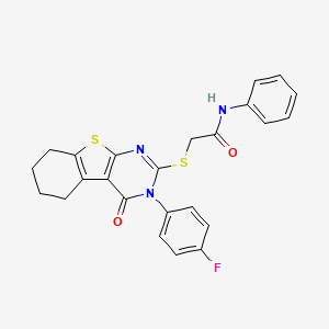 molecular formula C24H20FN3O2S2 B2883376 2-{[4-(4-fluorophenyl)-3-oxo-8-thia-4,6-diazatricyclo[7.4.0.0^{2,7}]trideca-1(9),2(7),5-trien-5-yl]sulfanyl}-N-phenylacetamide CAS No. 496968-78-6
