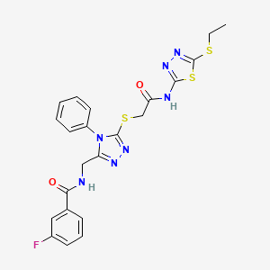 molecular formula C22H20FN7O2S3 B2883437 N-({5-[({[5-(ethylsulfanyl)-1,3,4-thiadiazol-2-yl]carbamoyl}methyl)sulfanyl]-4-phenyl-4H-1,2,4-triazol-3-yl}methyl)-3-fluorobenzamide CAS No. 393840-02-3