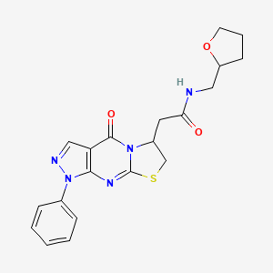 2-(4-oxo-1-phenyl-1,4,6,7-tetrahydropyrazolo[3,4-d]thiazolo[3,2-a]pyrimidin-6-yl)-N-((tetrahydrofuran-2-yl)methyl)acetamide