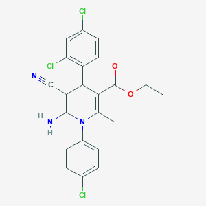 molecular formula C22H18Cl3N3O2 B2883633 Ethyl 6-amino-1-(4-chlorophenyl)-5-cyano-4-(2,4-dichlorophenyl)-2-methyl-4H-pyridine-3-carboxylate CAS No. 692287-67-5