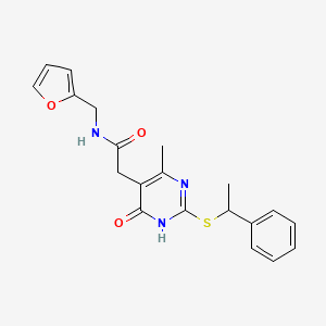 N-(furan-2-ylmethyl)-2-(4-methyl-6-oxo-2-((1-phenylethyl)thio)-1,6-dihydropyrimidin-5-yl)acetamide