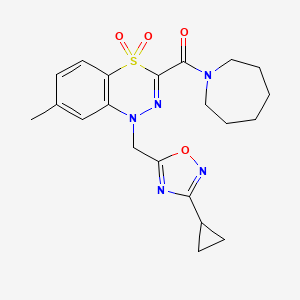 molecular formula C21H25N5O4S B2883666 3-(1-azepanylcarbonyl)-1-[(3-cyclopropyl-1,2,4-oxadiazol-5-yl)methyl]-7-methyl-4lambda~6~,1,2-benzothiadiazine-4,4(1H)-dione CAS No. 1251630-55-3