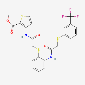 molecular formula C23H19F3N2O4S3 B2883702 Methyl 3-{[2-({2-[(2-{[3-(trifluoromethyl)phenyl]sulfanyl}acetyl)amino]phenyl}sulfanyl)acetyl]amino}-2-thiophenecarboxylate CAS No. 477887-74-4