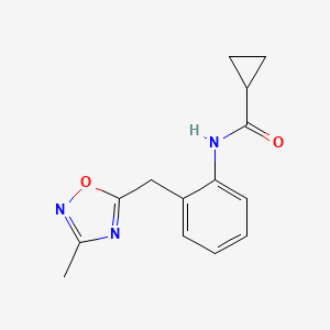 molecular formula C14H15N3O2 B2883712 N-(2-((3-methyl-1,2,4-oxadiazol-5-yl)methyl)phenyl)cyclopropanecarboxamide CAS No. 1448028-05-4