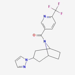 molecular formula C17H17F3N4O B2883729 ((1R,5S)-3-(1H-pyrazol-1-yl)-8-azabicyclo[3.2.1]octan-8-yl)(6-(trifluoromethyl)pyridin-3-yl)methanone CAS No. 2309707-35-3