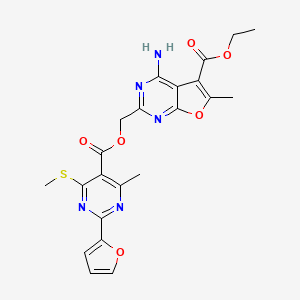 molecular formula C22H21N5O6S B2883737 Ethyl 4-amino-2-[[2-(furan-2-yl)-4-methyl-6-methylsulfanylpyrimidine-5-carbonyl]oxymethyl]-6-methylfuro[2,3-d]pyrimidine-5-carboxylate CAS No. 1088119-74-7