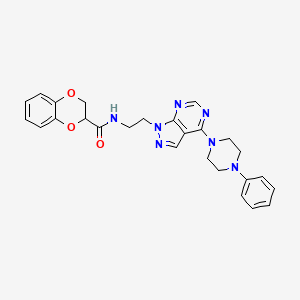 molecular formula C26H27N7O3 B2883770 N-(2-(4-(4-phenylpiperazin-1-yl)-1H-pyrazolo[3,4-d]pyrimidin-1-yl)ethyl)-2,3-dihydrobenzo[b][1,4]dioxine-2-carboxamide CAS No. 1021123-39-6
