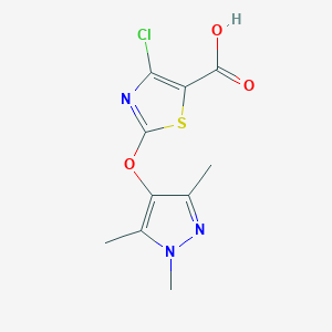 molecular formula C10H10ClN3O3S B2883780 4-chloro-2-[(trimethyl-1H-pyrazol-4-yl)oxy]-1,3-thiazole-5-carboxylic acid CAS No. 1506216-97-2
