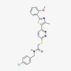 molecular formula C24H21ClN4O2S2 B2883900 N-[(4-chlorophenyl)methyl]-2-({6-[2-(2-methoxyphenyl)-4-methyl-1,3-thiazol-5-yl]pyridazin-3-yl}sulfanyl)acetamide CAS No. 954589-75-4