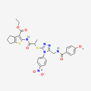 molecular formula C30H30N6O7S2 B2883904 ethyl 2-{2-[(5-{[(4-methoxyphenyl)formamido]methyl}-4-(4-nitrophenyl)-4H-1,2,4-triazol-3-yl)sulfanyl]propanamido}-4H,5H,6H-cyclopenta[b]thiophene-3-carboxylate CAS No. 393814-65-8