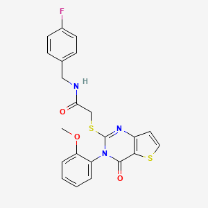 molecular formula C22H18FN3O3S2 B2883962 N-(4-fluorobenzyl)-2-{[3-(2-methoxyphenyl)-4-oxo-3,4-dihydrothieno[3,2-d]pyrimidin-2-yl]sulfanyl}acetamide CAS No. 1291864-13-5