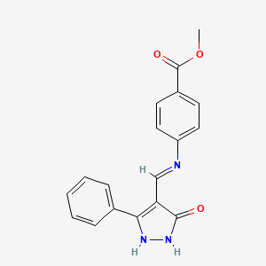 molecular formula C18H15N3O3 B2884085 methyl 4-{[(5-oxo-3-phenyl-1,5-dihydro-4H-pyrazol-4-yliden)methyl]amino}benzenecarboxylate CAS No. 338975-66-9