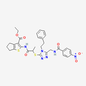 molecular formula C31H32N6O6S2 B2884194 ethyl 2-(2-((5-((4-nitrobenzamido)methyl)-4-phenethyl-4H-1,2,4-triazol-3-yl)thio)propanamido)-5,6-dihydro-4H-cyclopenta[b]thiophene-3-carboxylate CAS No. 393819-67-5
