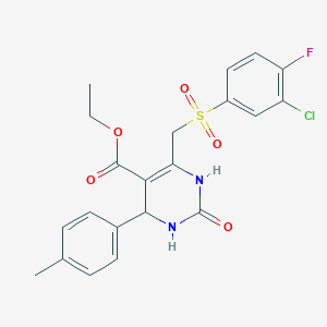 molecular formula C21H20ClFN2O5S B2884294 ethyl 6-[(3-chloro-4-fluorobenzenesulfonyl)methyl]-4-(4-methylphenyl)-2-oxo-1,2,3,4-tetrahydropyrimidine-5-carboxylate CAS No. 866590-84-3