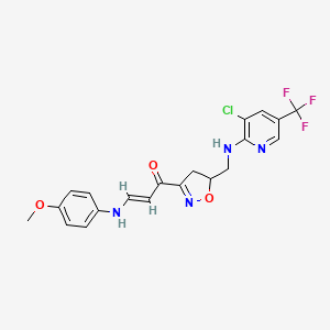 molecular formula C20H18ClF3N4O3 B2884310 (2E)-1-[5-({[3-chloro-5-(trifluoromethyl)pyridin-2-yl]amino}methyl)-4,5-dihydro-1,2-oxazol-3-yl]-3-[(4-methoxyphenyl)amino]prop-2-en-1-one CAS No. 338422-63-2