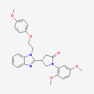 molecular formula C28H29N3O5 B2884313 1-(2,5-dimethoxyphenyl)-4-(1-(2-(4-methoxyphenoxy)ethyl)-1H-benzo[d]imidazol-2-yl)pyrrolidin-2-one CAS No. 862828-54-4