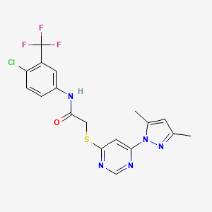 molecular formula C18H15ClF3N5OS B2884356 N-(4-chloro-3-(trifluoromethyl)phenyl)-2-((6-(3,5-dimethyl-1H-pyrazol-1-yl)pyrimidin-4-yl)thio)acetamide CAS No. 1251569-49-9