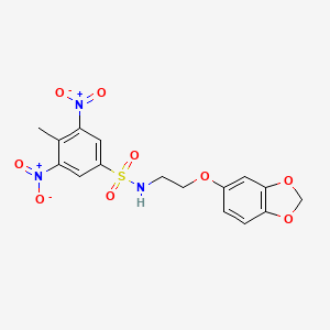 molecular formula C16H15N3O9S B2884442 N-(2-(benzo[d][1,3]dioxol-5-yloxy)ethyl)-4-methyl-3,5-dinitrobenzenesulfonamide CAS No. 1105205-13-7
