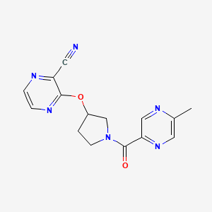 molecular formula C15H14N6O2 B2884539 3-((1-(5-Methylpyrazine-2-carbonyl)pyrrolidin-3-yl)oxy)pyrazine-2-carbonitrile CAS No. 2034282-90-9