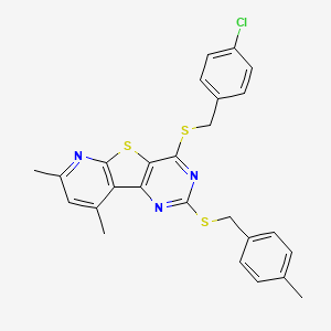 molecular formula C26H22ClN3S3 B2884542 6-[(4-chlorophenyl)methylsulfanyl]-11,13-dimethyl-4-[(4-methylphenyl)methylsulfanyl]-8-thia-3,5,10-triazatricyclo[7.4.0.02,7]trideca-1(9),2(7),3,5,10,12-hexaene CAS No. 672950-74-2