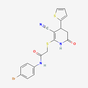 molecular formula C18H14BrN3O2S2 B2884579 N-(4-bromophenyl)-2-{[3-cyano-6-oxo-4-(thiophen-2-yl)-1,4,5,6-tetrahydropyridin-2-yl]sulfanyl}acetamide CAS No. 331852-32-5