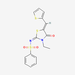 molecular formula C16H14N2O3S3 B2884597 (E)-N-((Z)-3-ethyl-4-oxo-5-(thiophen-2-ylmethylene)thiazolidin-2-ylidene)benzenesulfonamide CAS No. 867041-83-6