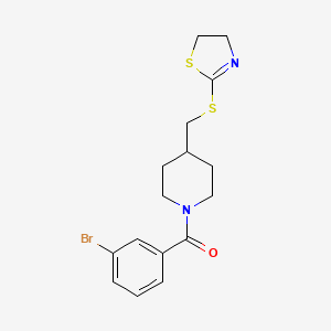 molecular formula C16H19BrN2OS2 B2884629 (3-Bromophenyl)(4-(((4,5-dihydrothiazol-2-yl)thio)methyl)piperidin-1-yl)methanone CAS No. 1396872-22-2