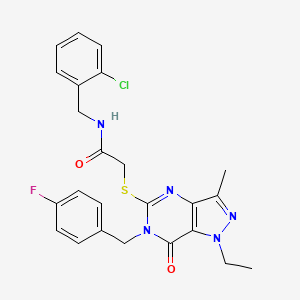 molecular formula C24H23ClFN5O2S B2884671 N-[(2-chlorophenyl)methyl]-2-({1-ethyl-6-[(4-fluorophenyl)methyl]-3-methyl-7-oxo-1H,6H,7H-pyrazolo[4,3-d]pyrimidin-5-yl}sulfanyl)acetamide CAS No. 1358402-03-5
