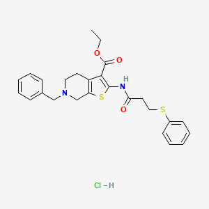 molecular formula C26H29ClN2O3S2 B2884677 Ethyl 6-benzyl-2-(3-(phenylthio)propanamido)-4,5,6,7-tetrahydrothieno[2,3-c]pyridine-3-carboxylate hydrochloride CAS No. 1330295-21-0