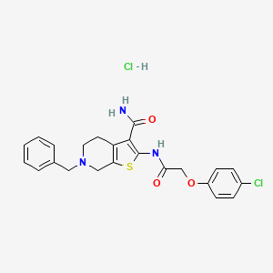 molecular formula C23H23Cl2N3O3S B2884699 6-Benzyl-2-(2-(4-chlorophenoxy)acetamido)-4,5,6,7-tetrahydrothieno[2,3-c]pyridine-3-carboxamide hydrochloride CAS No. 1215421-53-6