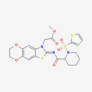 molecular formula C22H23N3O7S3 B2884913 methyl 2-[2-(1-thiophen-2-ylsulfonylpiperidine-2-carbonyl)imino-6,7-dihydro-[1,4]dioxino[2,3-f][1,3]benzothiazol-3-yl]acetate CAS No. 1097615-34-3