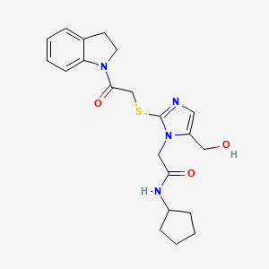 molecular formula C21H26N4O3S B2884940 N-cyclopentyl-2-(2-{[2-(2,3-dihydro-1H-indol-1-yl)-2-oxoethyl]sulfanyl}-5-(hydroxymethyl)-1H-imidazol-1-yl)acetamide CAS No. 923680-44-8