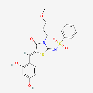 (E)-N-((Z)-5-(2,4-dihydroxybenzylidene)-3-(3-methoxypropyl)-4-oxothiazolidin-2-ylidene)benzenesulfonamide