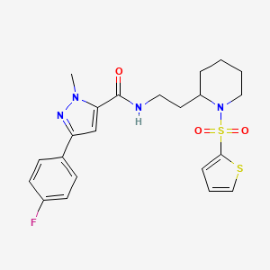 molecular formula C22H25FN4O3S2 B2885082 3-(4-fluorophenyl)-1-methyl-N-(2-(1-(thiophen-2-ylsulfonyl)piperidin-2-yl)ethyl)-1H-pyrazole-5-carboxamide CAS No. 1396711-82-2