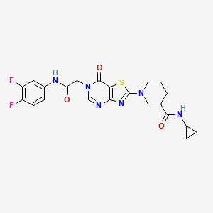 molecular formula C22H22F2N6O3S B2885269 N-cyclopropyl-1-(6-{[(3,4-difluorophenyl)carbamoyl]methyl}-7-oxo-6H,7H-[1,3]thiazolo[4,5-d]pyrimidin-2-yl)piperidine-3-carboxamide CAS No. 1115868-69-3
