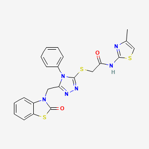 molecular formula C22H18N6O2S3 B2885346 N-(4-methyl-1,3-thiazol-2-yl)-2-({5-[(2-oxo-2,3-dihydro-1,3-benzothiazol-3-yl)methyl]-4-phenyl-4H-1,2,4-triazol-3-yl}sulfanyl)acetamide CAS No. 847402-13-5